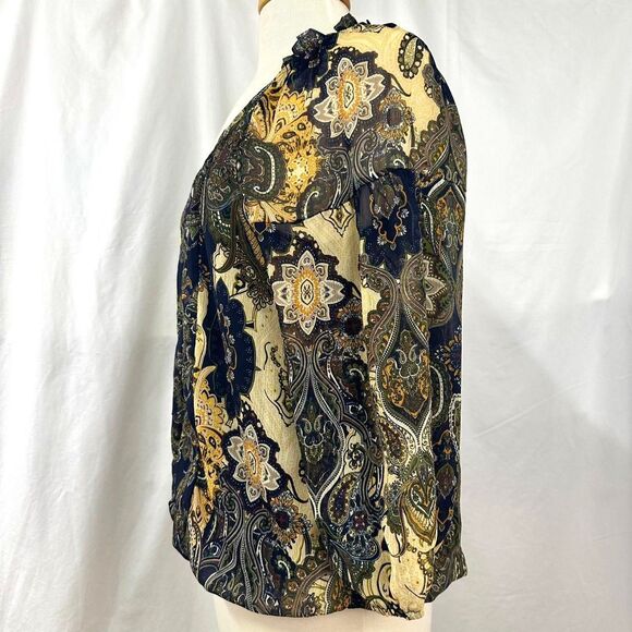 FIG AND FLOWER Navy Yellow Paisley Button Peasant Blouse V Neck Women M Bohemian - Picture 3 of 6